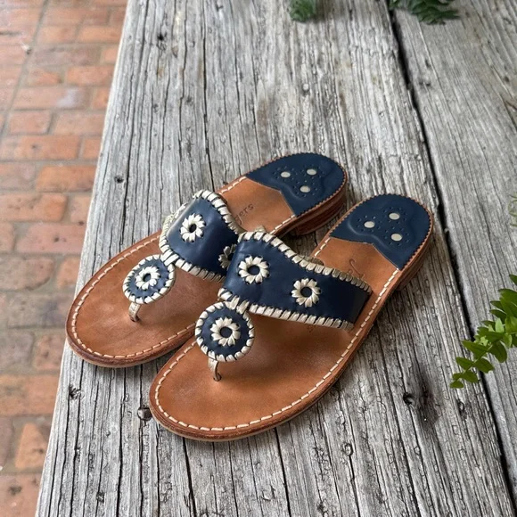 Navy and Brown Leather Sandals with Floral Design - Picture 4 of 4